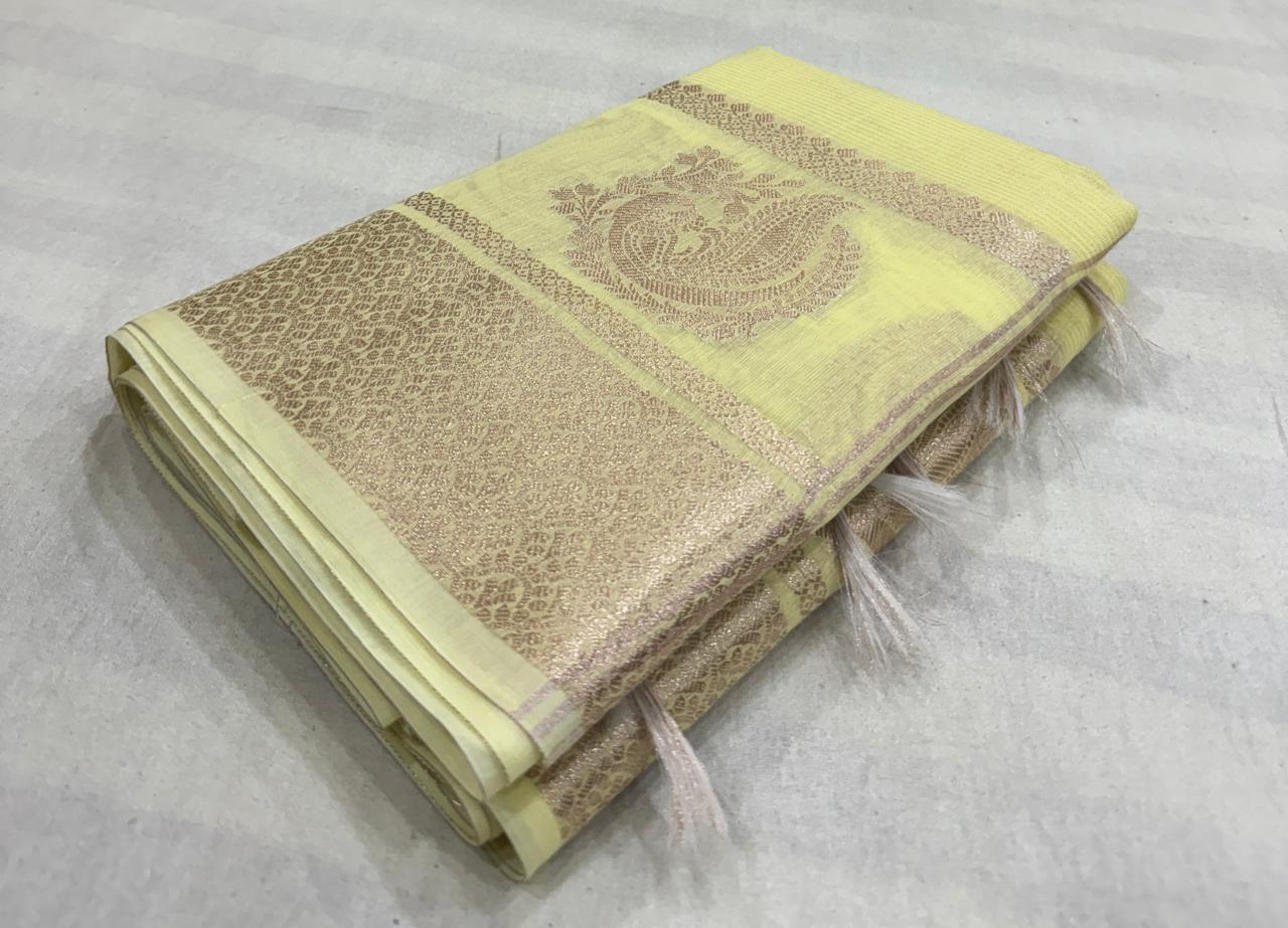 Pure Banarasi Linen Cotton Silk Saree with Copper Zari Border